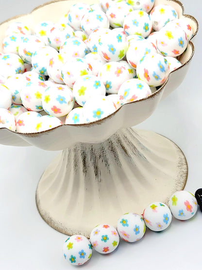 15mm Printed Happy Daisy Spring Floral Silicone Bead – Flower Round Beads for Pens & Wristlets