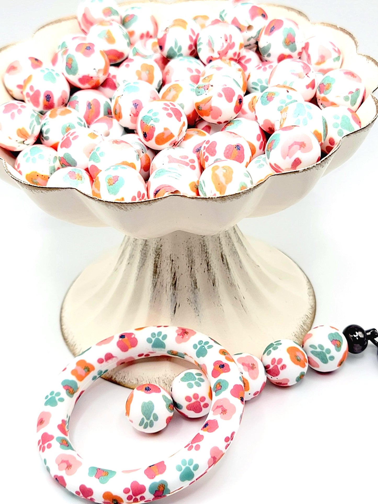 15mm Printed Sunset Dog Paw Print Silicone Bead – Round Pet Beads for Pens & Wristlets
