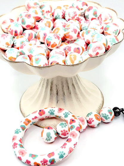 15mm Printed Sunset Dog Paw Print Silicone Bead – Round Pet Beads for Pens & Wristlets