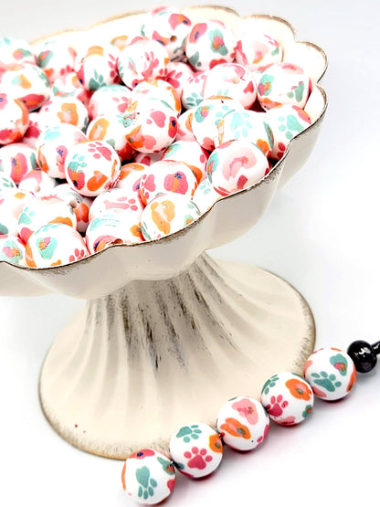 15mm Printed Sunset Dog Paw Print Silicone Bead – Round Pet Beads for Pens & Wristlets