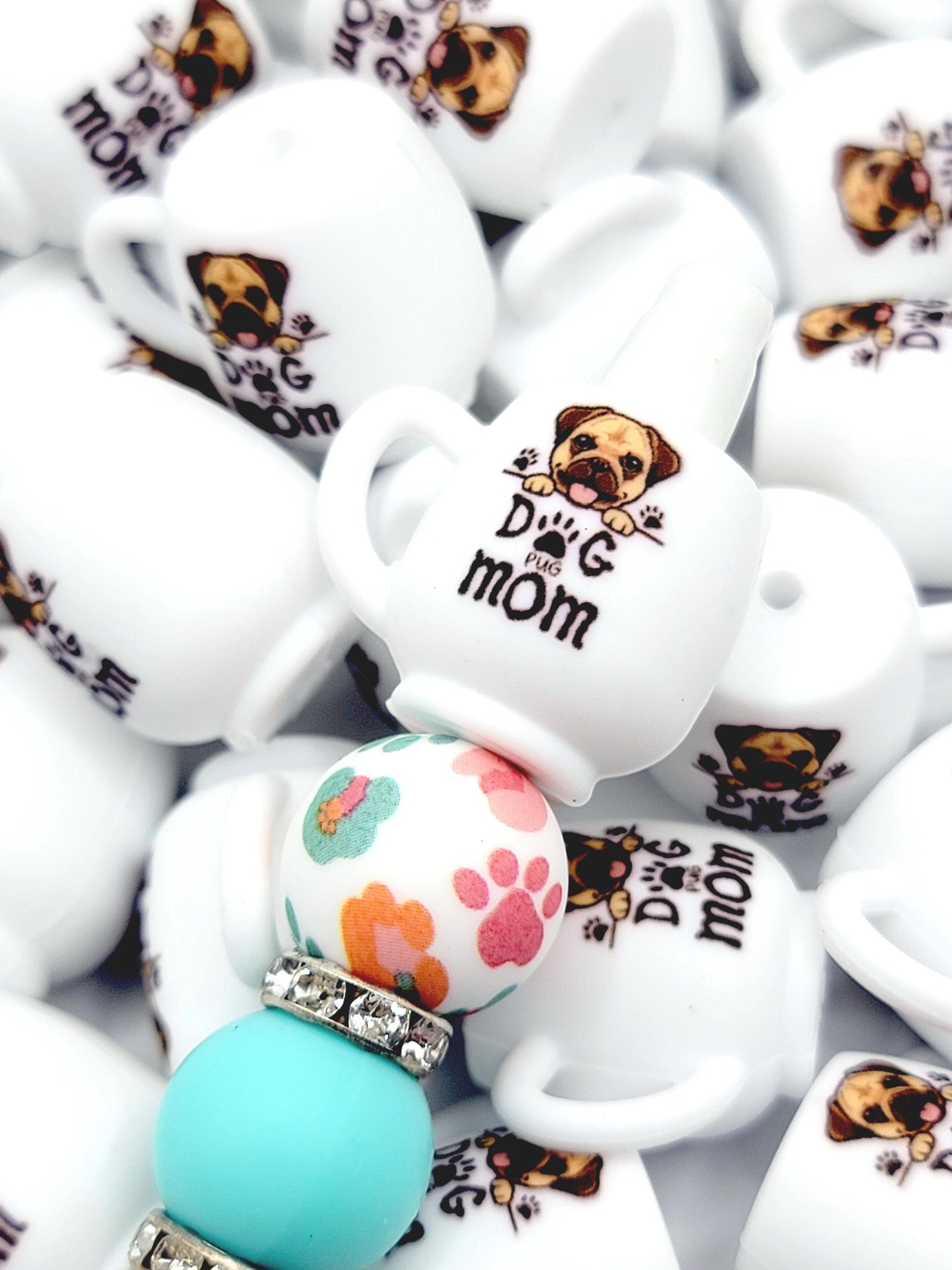 Pug Dog Mom 3D Cup Silicone Focal Bead – Dog Lover Pen Bead (Set of 1, 2 or 5)