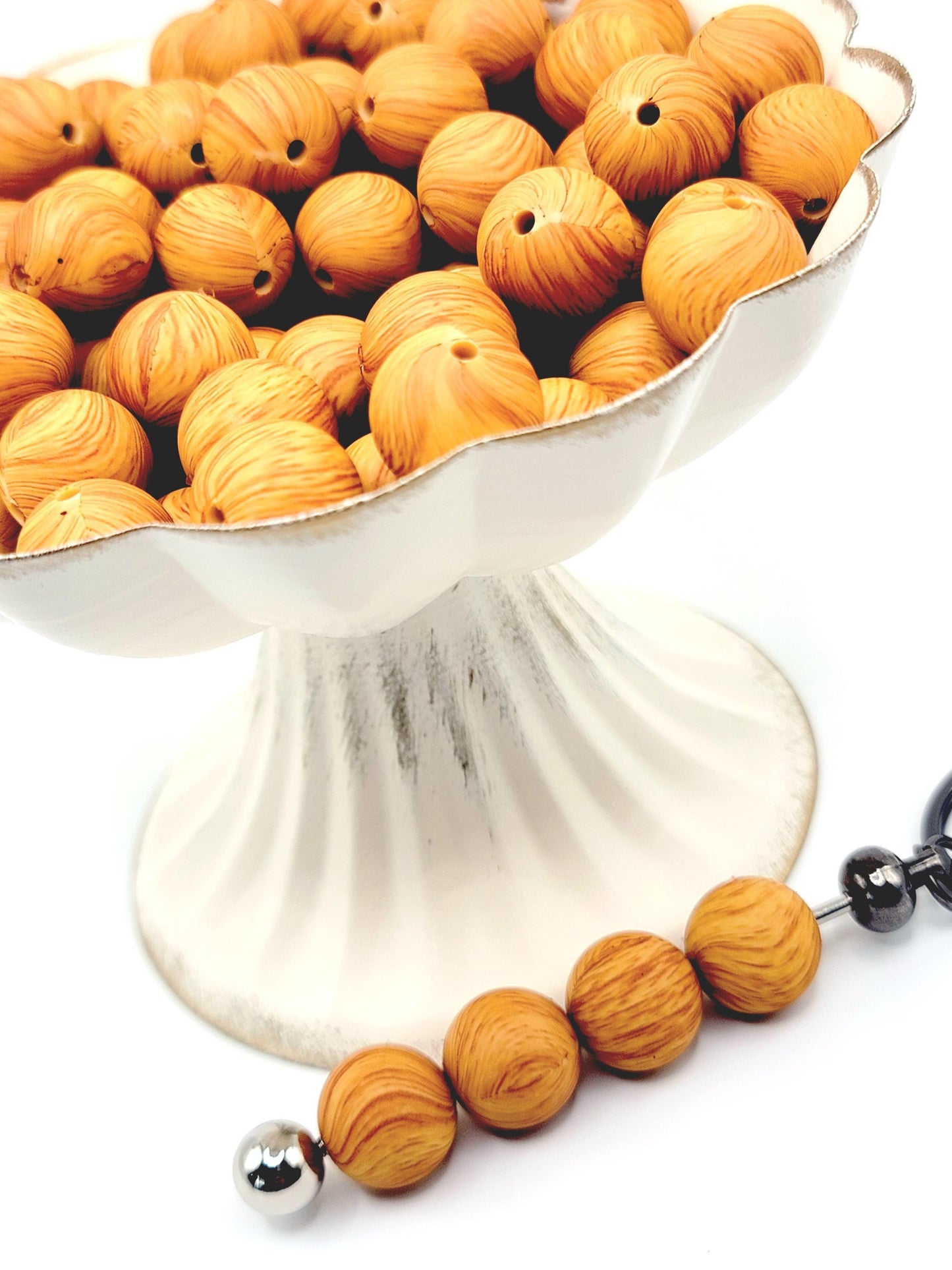 15mm Printed Wood Print Silicone Beads – Brown Round Beads for Pens & Wristlets