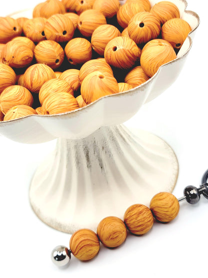 15mm Printed Wood Print Silicone Beads – Brown Round Beads for Pens & Wristlets