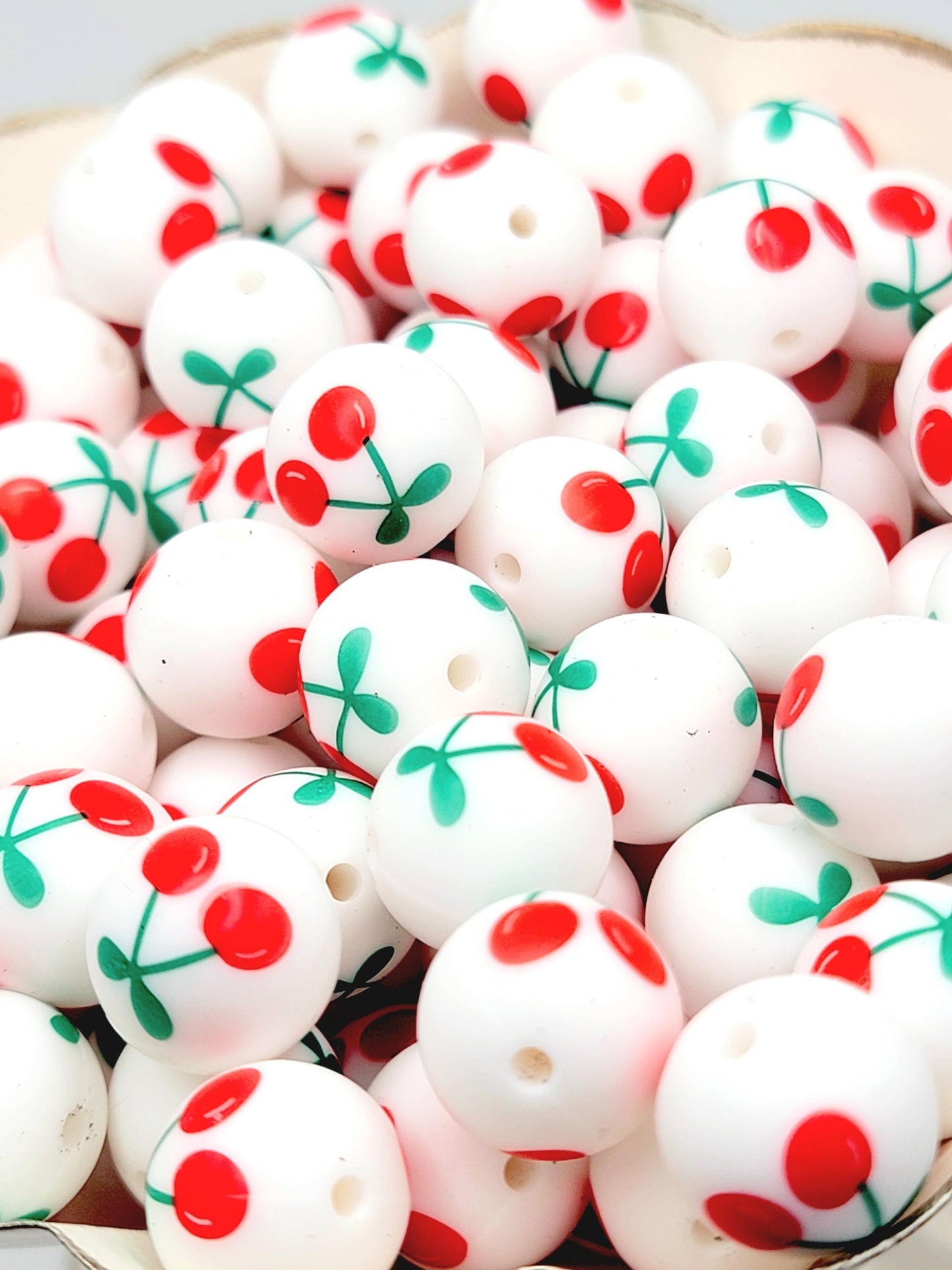 15mm Printed Cherry Print Silicone Bead – Round Fruit Spacer Beads for Pens & Wristlets