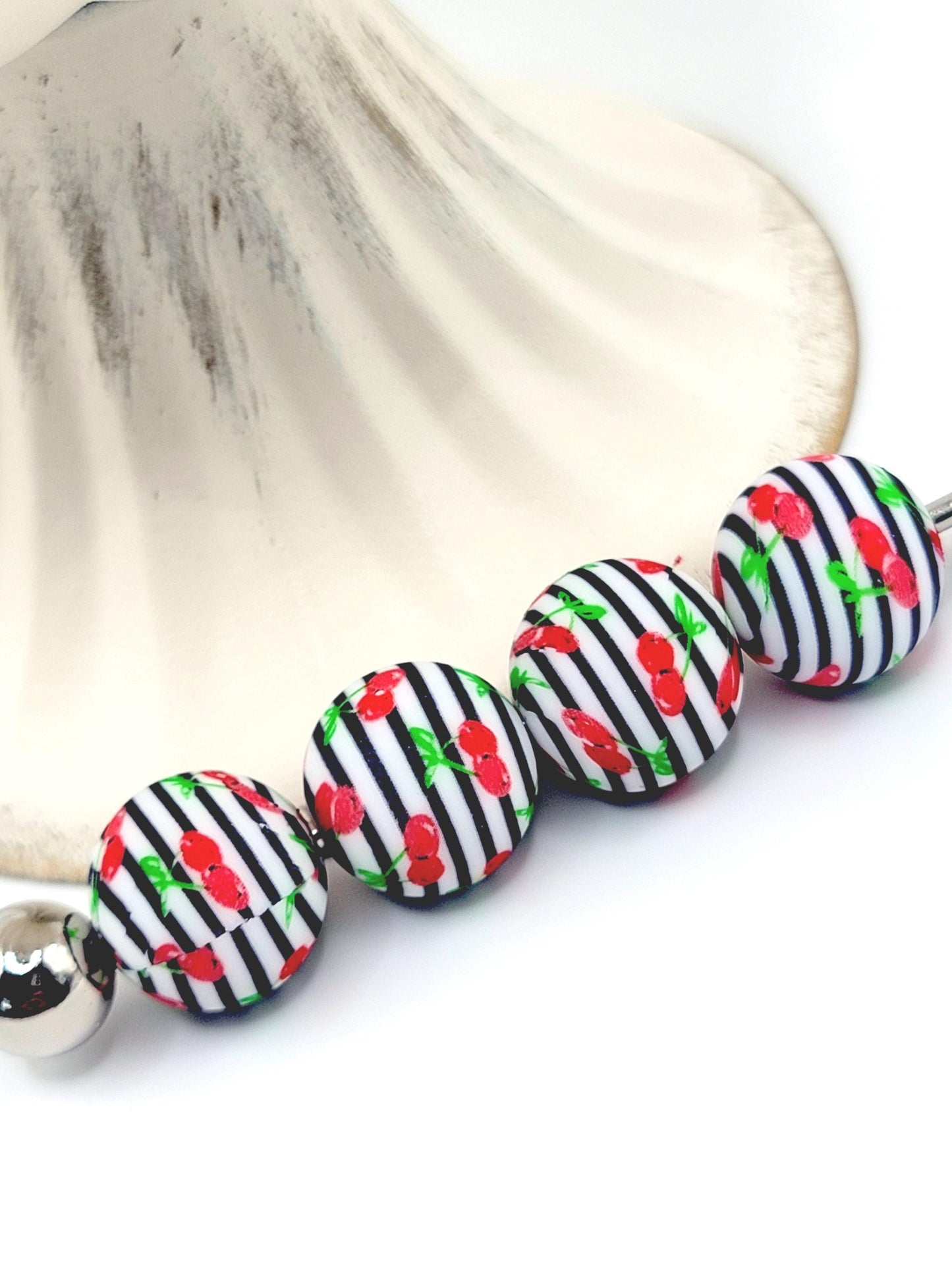 15mm Printed Cherry Print Silicone Beads – Black & White Striped Cherry Round Beads for Pens & Wristlets
