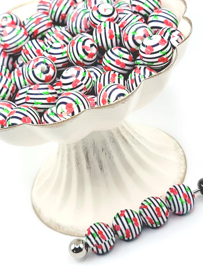 15mm Printed Cherry Print Silicone Beads – Black & White Striped Cherry Round Beads for Pens & Wristlets