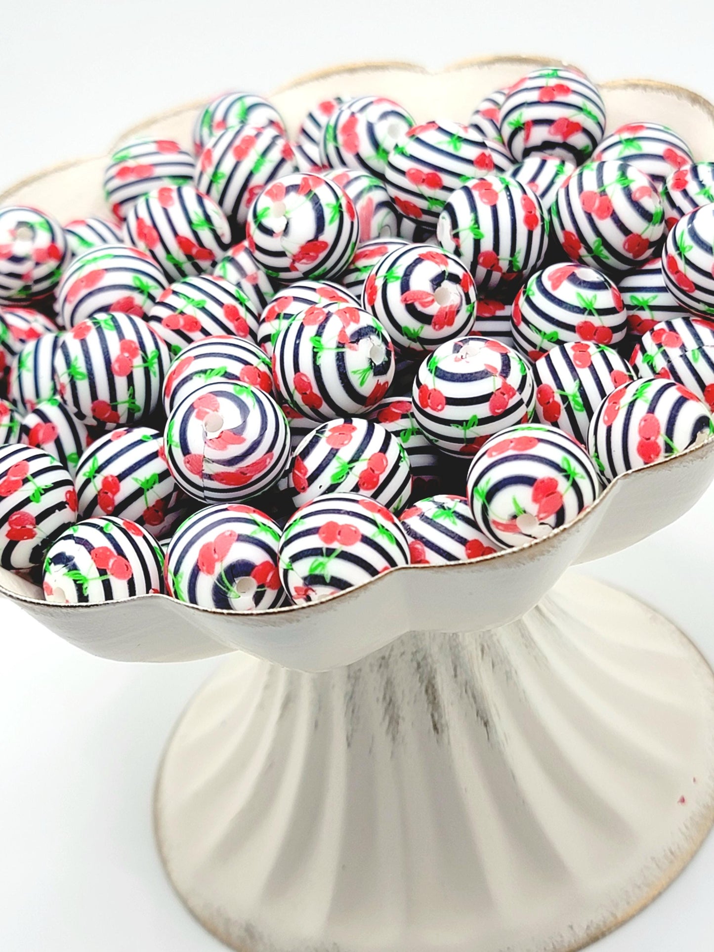 15mm Printed Cherry Print Silicone Beads – Black & White Striped Cherry Round Beads for Pens & Wristlets