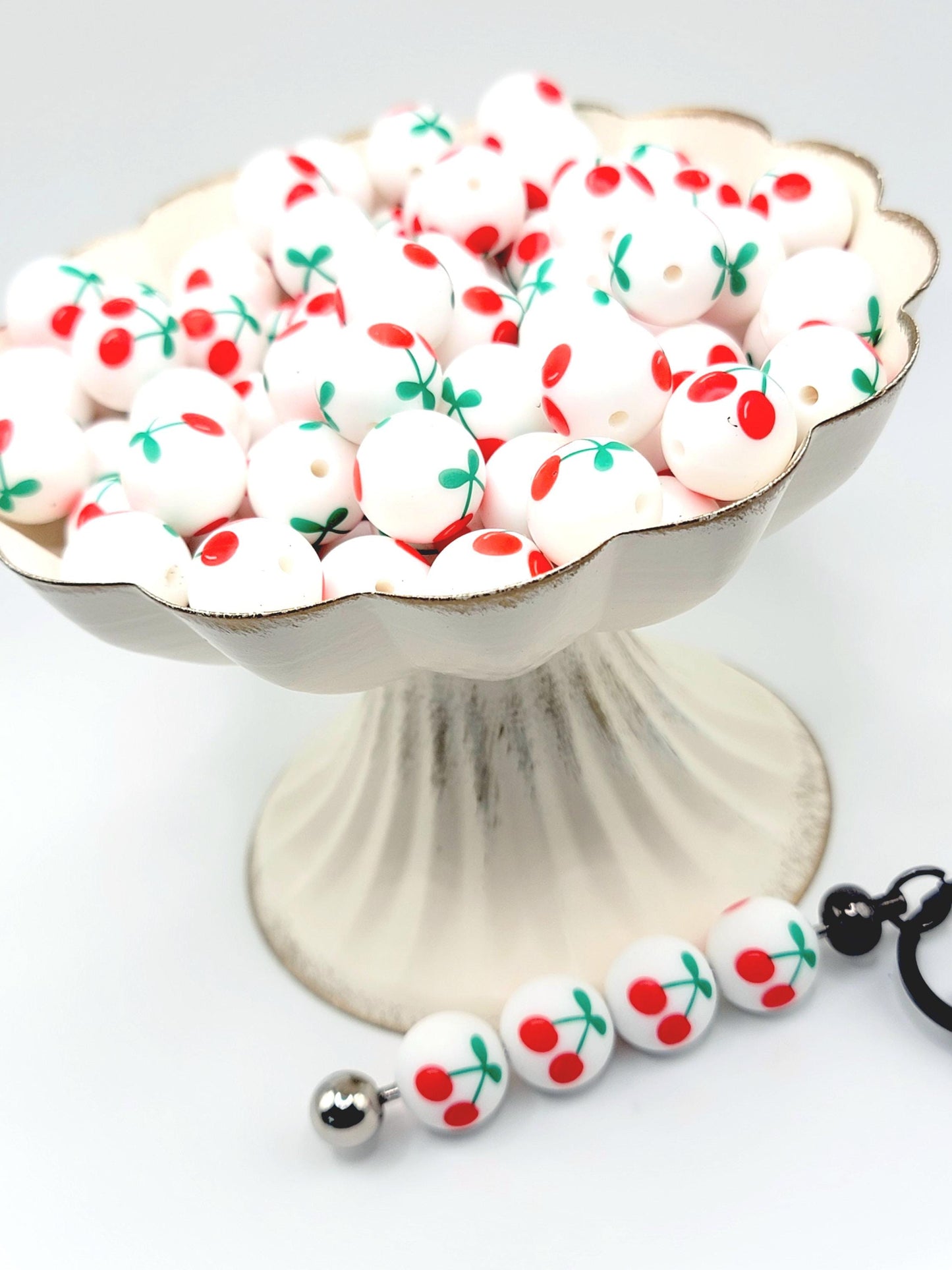 15mm Printed Cherry Print Silicone Bead – Round Fruit Spacer Beads for Pens & Wristlets
