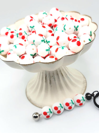 15mm Printed Cherry Print Silicone Bead – Round Fruit Spacer Beads for Pens & Wristlets