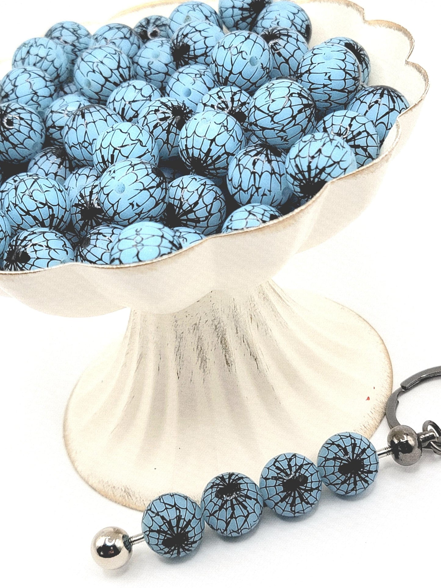 15mm Printed Blue Halloween Spider Web Silicone Beads – Spooky Round Beads for Pens & Wristlets