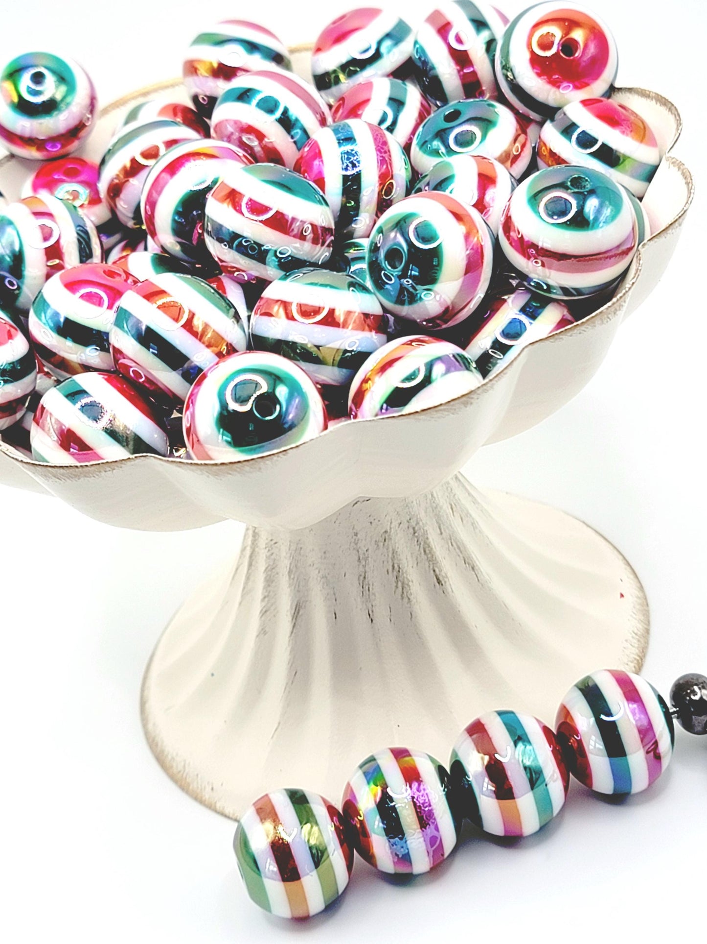 20mm Christmas Stripe Bubblegum Beads (Set of 5) – Holiday Mix