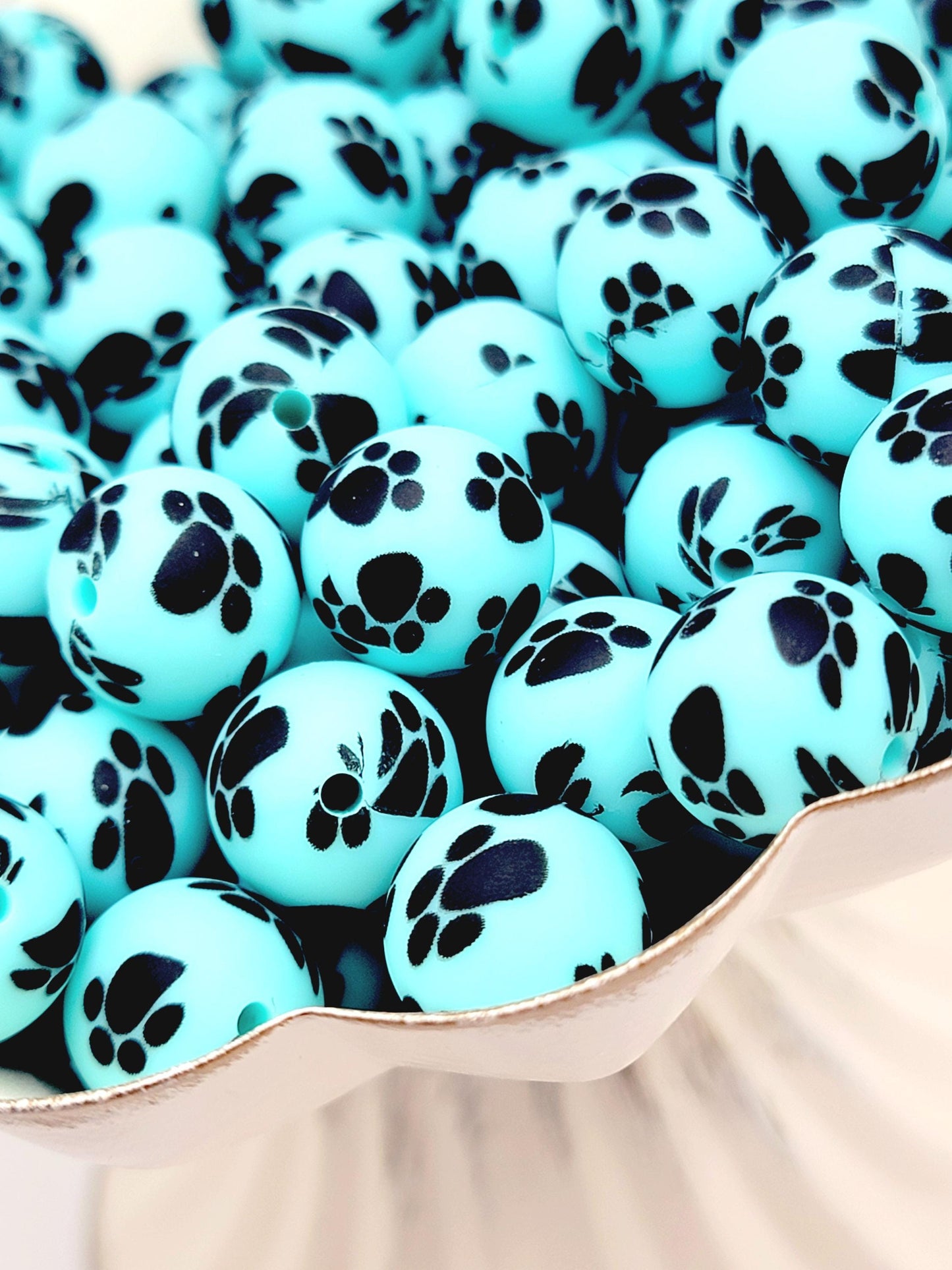 15mm Printed Turquoise Paw Print Silicone Bead – Round Pet Paw Print Beads for Pens & Wristlets