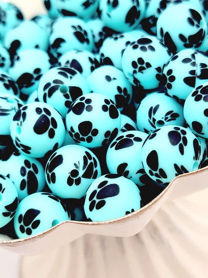 15mm Printed Turquoise Paw Print Silicone Bead – Round Pet Paw Print Beads for Pens & Wristlets