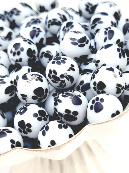 15mm Printed Gray Paw Print Silicone Bead – Pastel Pawprint Round Spacer Beads for Pens & Wristlets