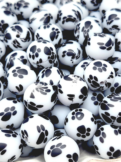 15mm Printed Gray Paw Print Silicone Bead – Pastel Pawprint Round Spacer Beads for Pens & Wristlets