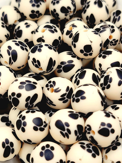 15mm Printed Oatmeal Tan Paw Print Silicone Bead – Pet Paw Print Round Spacer Beads for Pens & Wristlets