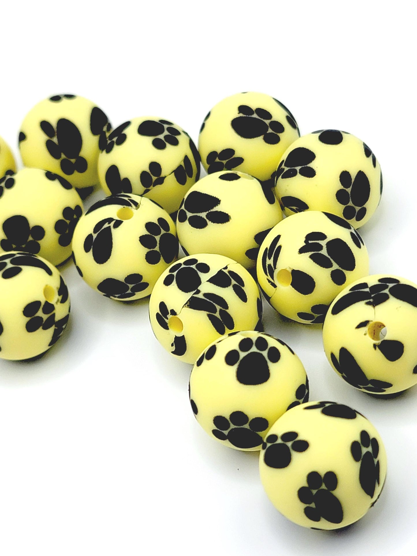 15mm Printed Light Yellow Paw Print Silicone Bead – Round Pet Paw Print Beads for Pens & Wristlets