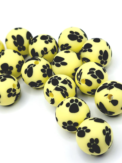 15mm Printed Light Yellow Paw Print Silicone Bead – Round Pet Paw Print Beads for Pens & Wristlets