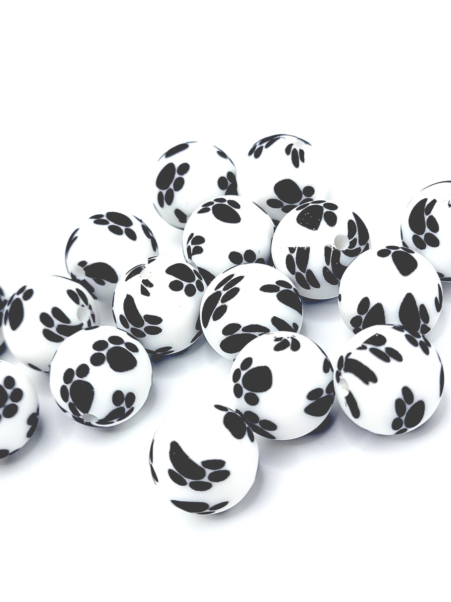 15mm Printed White Black Paw Print Silicone Bead – Round Dog Beads for Pens & Wristlets