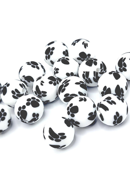 15mm Printed White Black Paw Print Silicone Bead – Round Dog Beads for Pens & Wristlets