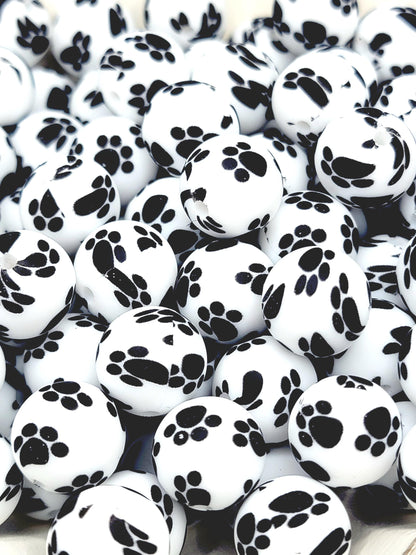 15mm Printed White Black Paw Print Silicone Bead – Round Dog Beads for Pens & Wristlets