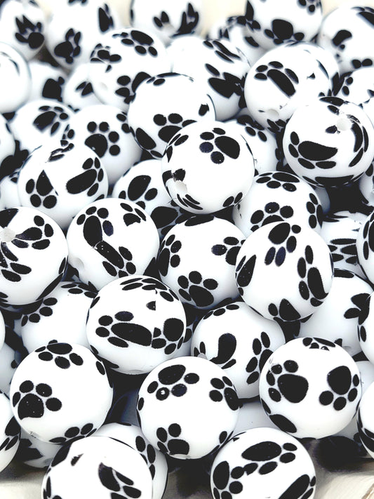 15mm Printed White Black Paw Print Silicone Bead – Round Dog Beads for Pens & Wristlets