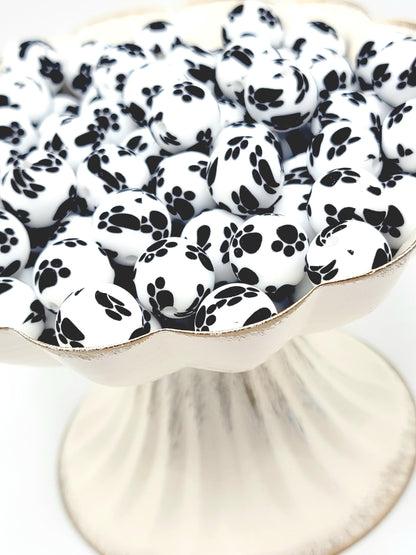 15mm Printed White Black Paw Print Silicone Bead – Round Dog Beads for Pens & Wristlets