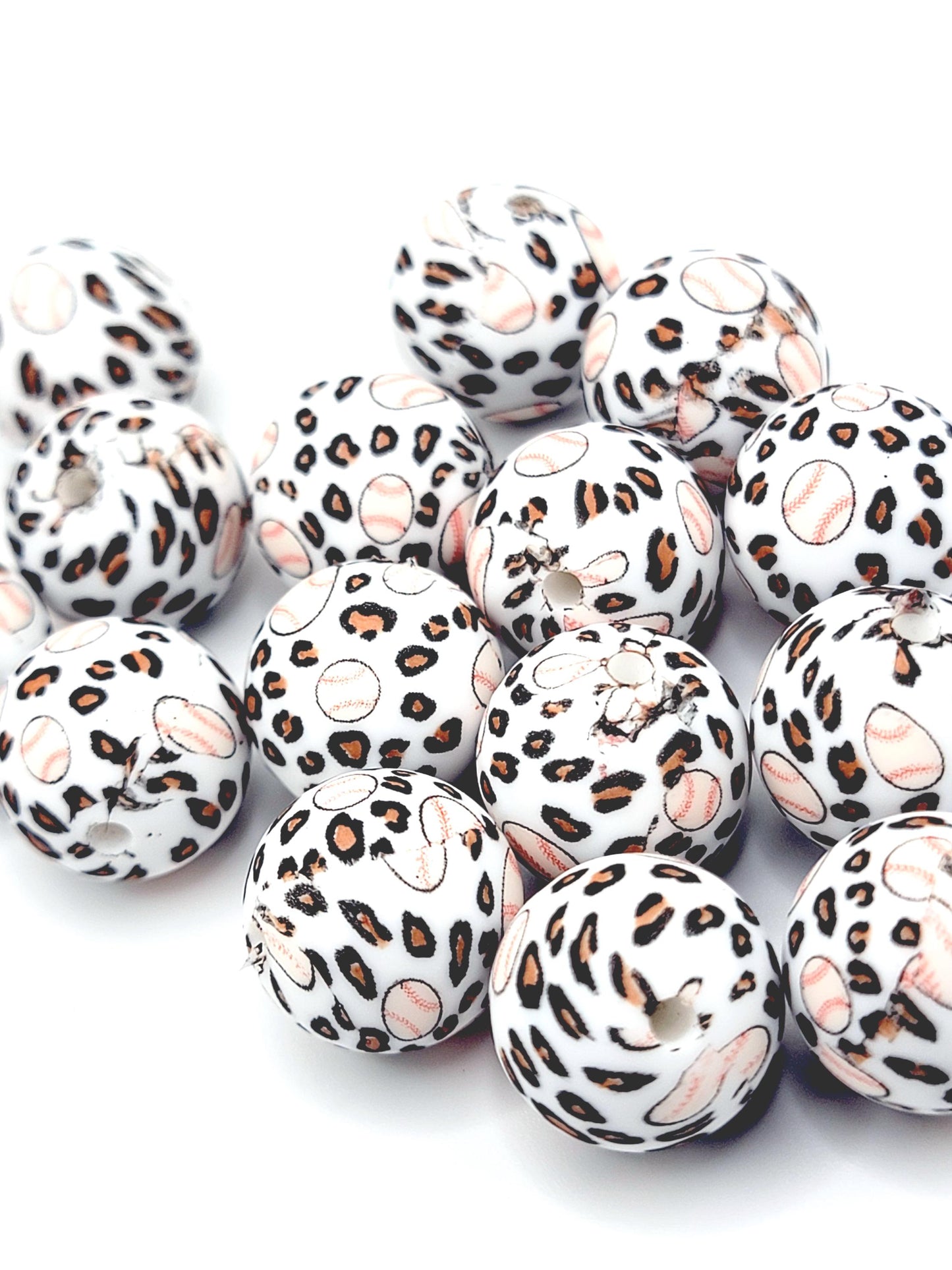 15mm Printed Baseball Leopard Print Silicone Bead – Sports Theme Round Spacer Beads for Pens & Wristlets