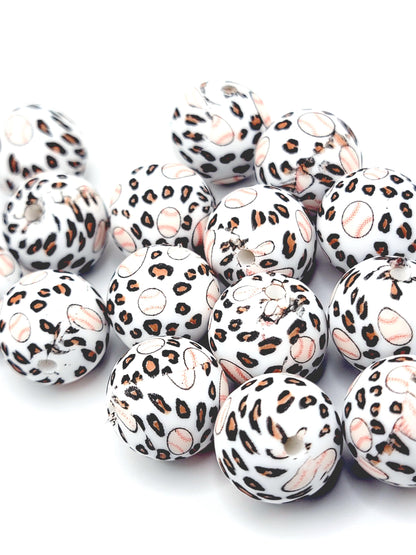 15mm Printed Baseball Leopard Print Silicone Bead – Sports Theme Round Spacer Beads for Pens & Wristlets