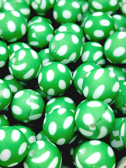 15mm Printed Green Polka Dot Silicone Bead – Green Round Spacer Print Beads for Pens & Wristlets