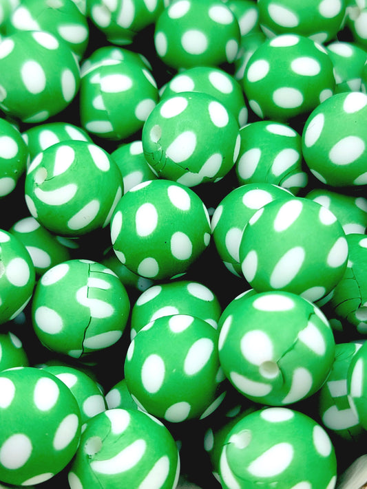 15mm Printed Green Polka Dot Silicone Bead – Green Round Spacer Print Beads for Pens & Wristlets