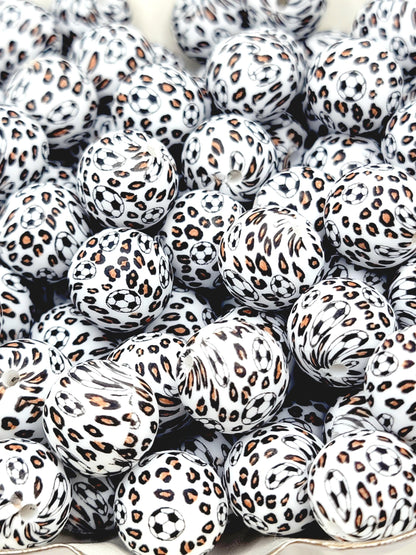 15mm Printed Soccer Ball Leopard Print Silicone Bead – Sports Theme Round Spacer Beads for Pens & Wristlets