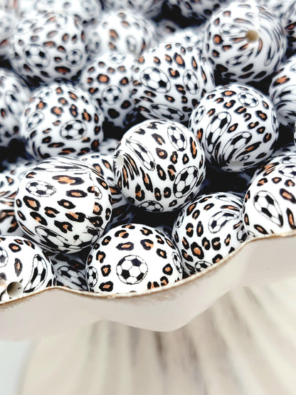 15mm Printed Soccer Ball Leopard Print Silicone Bead – Sports Theme Round Spacer Beads for Pens & Wristlets
