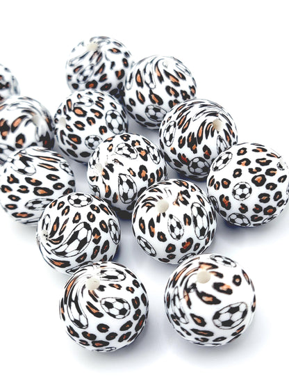 15mm Printed Soccer Ball Leopard Print Silicone Bead – Sports Theme Round Spacer Beads for Pens & Wristlets