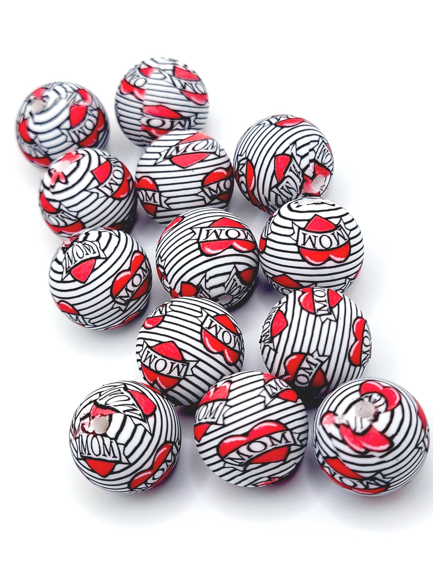 15mm Printed Mom Tattoo Heart Silicone Bead – Mom Theme Round Spacer Beads for Pens & Wristlets