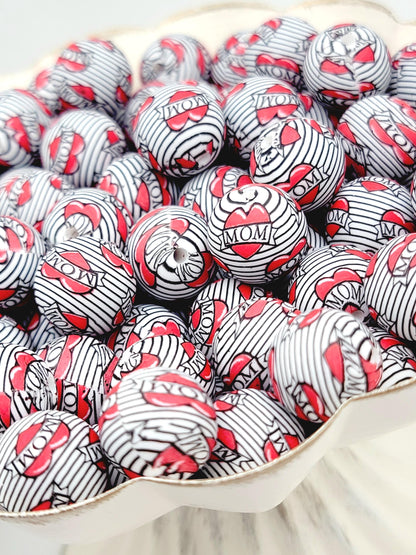 15mm Printed Mom Tattoo Heart Silicone Bead – Mom Theme Round Spacer Beads for Pens & Wristlets
