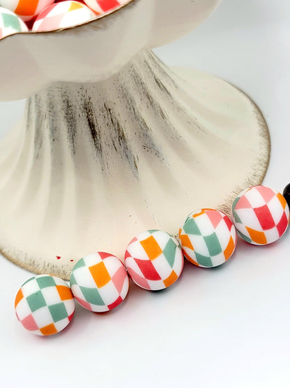 15mm Printed Sunset Diamond Checkered Silicone Bead – Checkered Pattern Round Spacer Beads for Pens & Wristlets