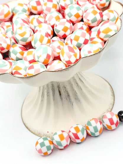 15mm Printed Sunset Diamond Checkered Silicone Bead – Checkered Pattern Round Spacer Beads for Pens & Wristlets