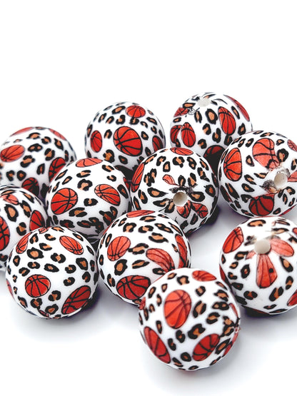 15mm Printed Basketball Leopard Print Silicone Bead – Sports Theme Round Spacer Beads for Pens & Wristlets
