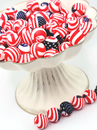 15mm Printed Patriotic USA Flag Silicone Beads – Red White Blue Round Beads for Pens & Wristlets