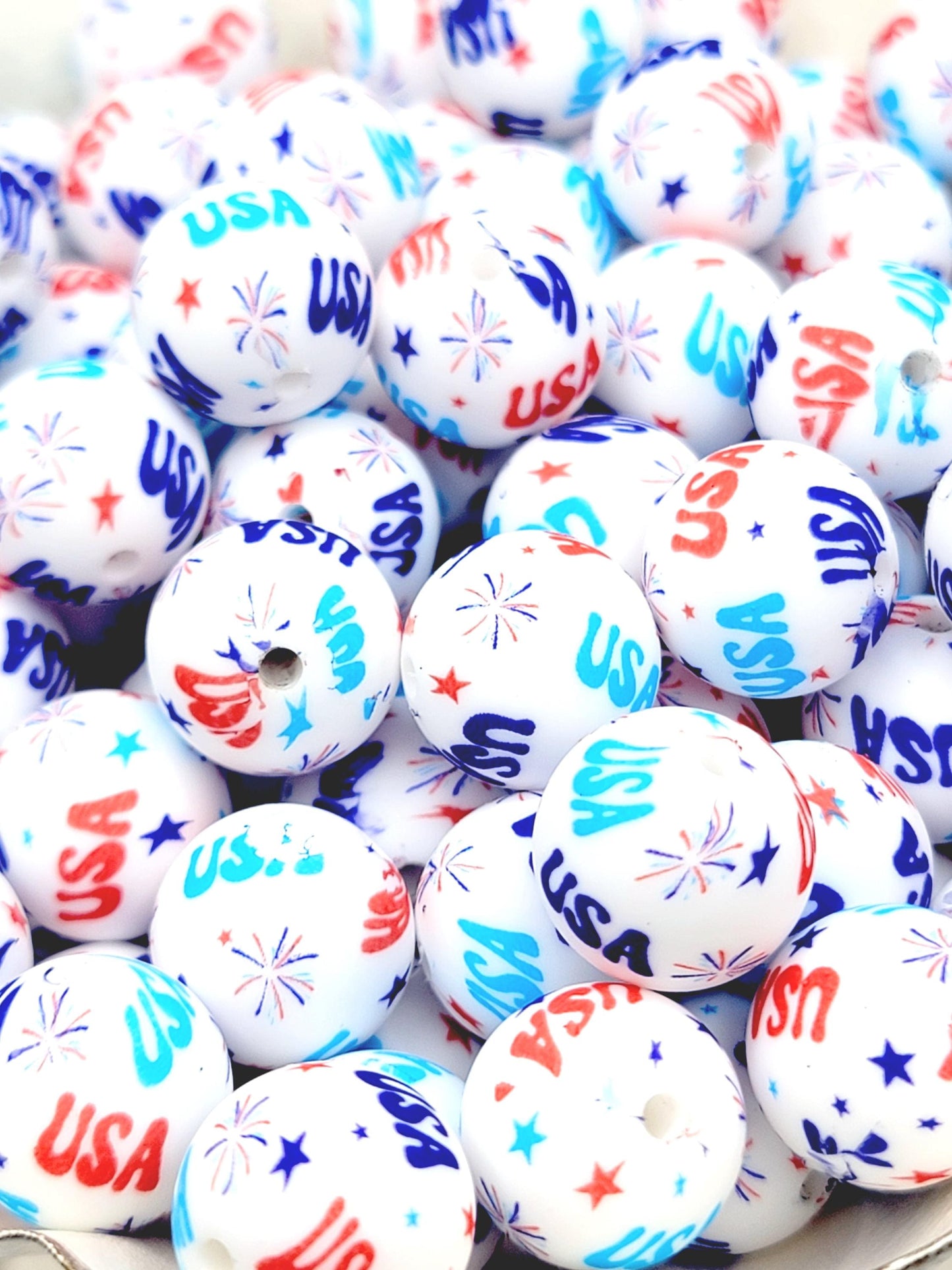 15mm Printed USA Fireworks Silicone Beads – Patriotic Round Beads for Pens & Wristlets