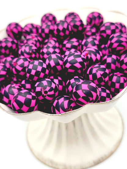 15mm Printed Hot Pink and Black Checkered Print Silicone Bead – Checker Round Pet Beads for Pens & Wristlets