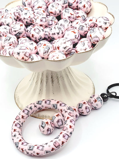 15mm Printed Pink Book Lover Silicone Beads – Reading-Themed Round Beads for Pens & Wristlets
