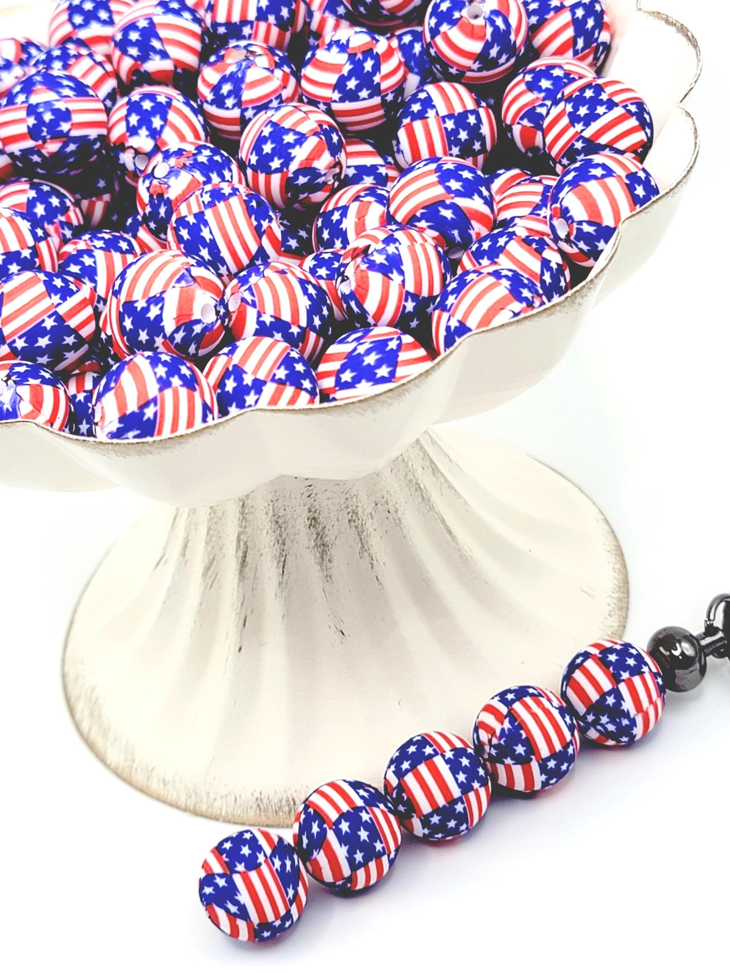 15mm Printed USA Flag Patriotic Silicone Beads – Round Fourth of July Beads for Pens & Wristlets