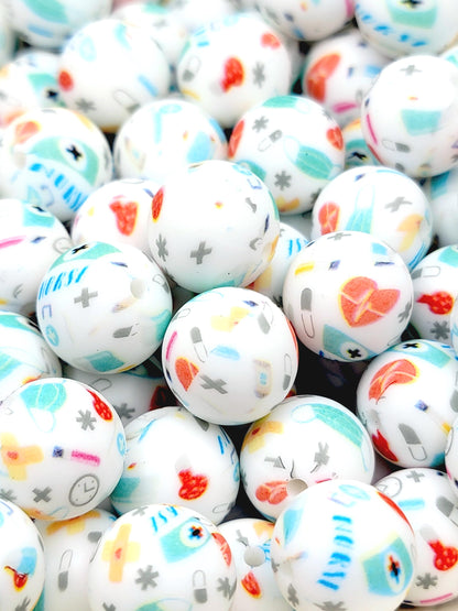 15mm Printed RN Nurse Beads (White) - Nurse Medical Theme Silicone Round Spacer Bead for Pens & Wristlets
