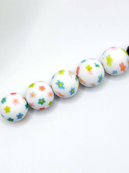 15mm Printed Happy Daisy Spring Floral Silicone Bead – Flower Round Beads for Pens & Wristlets