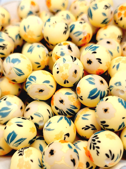 15mm Printed Yellow & Green Summer Floral Silicone Bead – Flower Round Beads for Pens & Wristlets