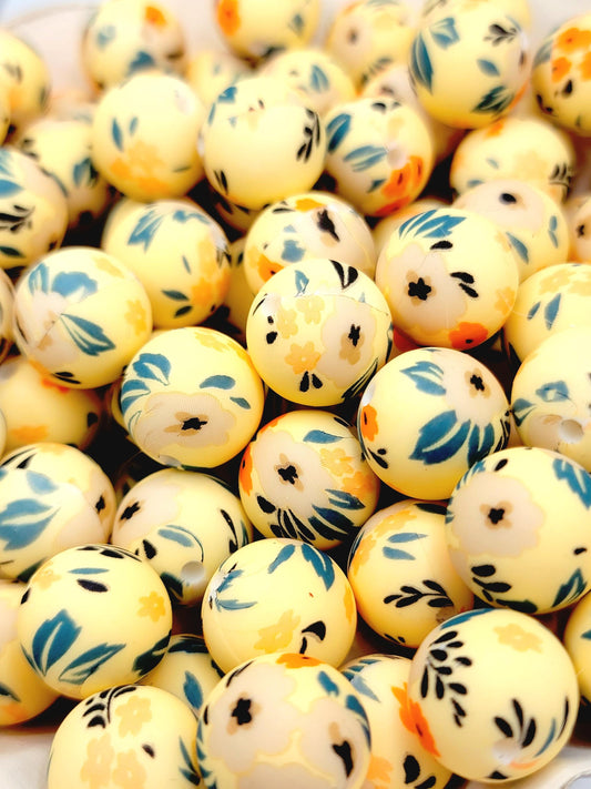 15mm Printed Yellow & Green Summer Floral Silicone Bead – Flower Round Beads for Pens & Wristlets