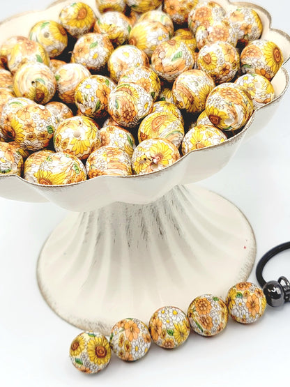 15mm Printed Yellow Sunflower Garden Floral Silicone Bead – Flower Round Beads for Pens & Wristlets