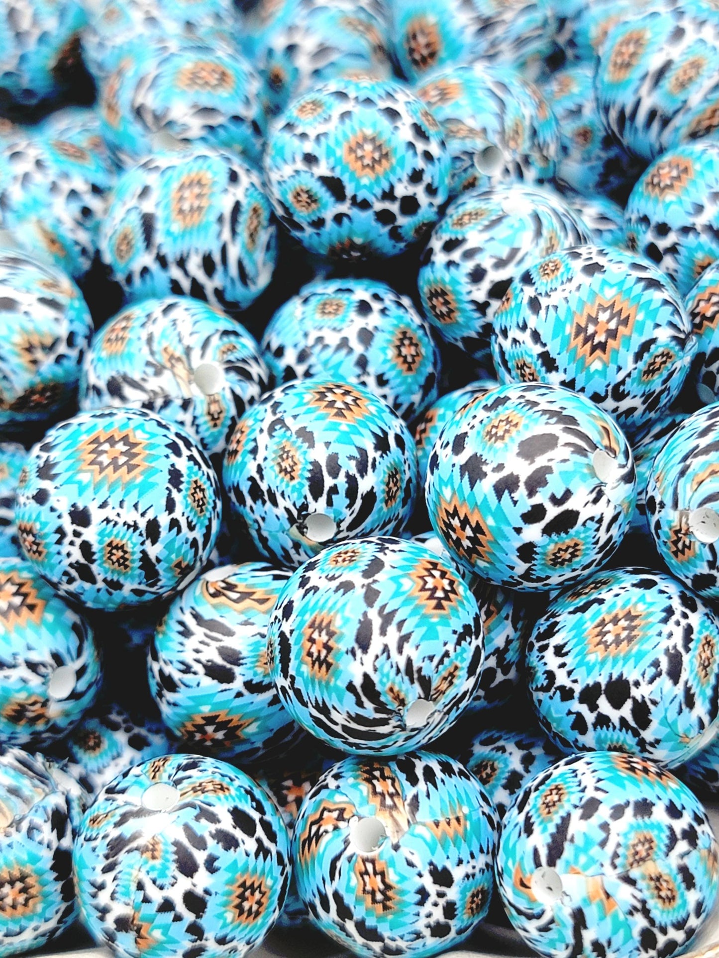 15mm Printed Aztec Turquoise Cow Print Silicone Bead – Round Western Print Bead for Pens, Wristlets & DIY Crafts